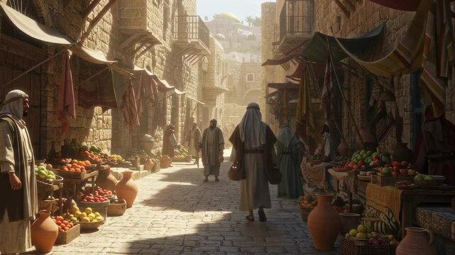 Marketplace, ancient and street market with people in biblical robes buying and selling goods for tradition, culture and history. Old city with fruits, pottery and Middle Eastern scene