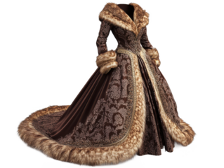 Elegant brown gown with fur trim and intricate detailing isolated on a Transparent Background