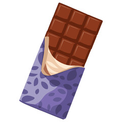 Chocolate bar in opened violet wrapper with foil, isolated on a white background. Milk chocolate dessert vector illustration in flat style.
