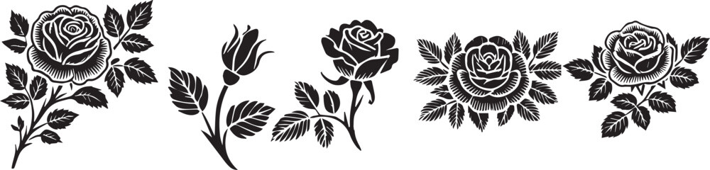 Set of decorative rose with leaves. Flower silhouette Vector illustration