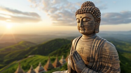 Fototapeta premium Serene buddha statue at sunrise on a mountain landscape