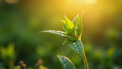 Nature&rsquo;s Renewal: Dew-Kissed Leaves Embracing the Sunrise