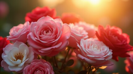 Fototapeta premium A vibrant cluster of blooming roses in full bloom, with delicate petals in shades of pink, red, and white