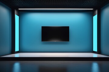 there is a television in a room with a blue wall
