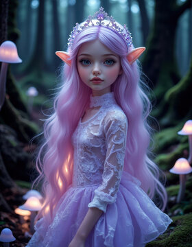 Enchanted forest elven doll with pink hair and tiara - magical fantasy theme