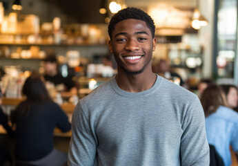 Fototapeta premium A young Black man wearing a grey long-sleeved shirt smiles in a bustling coffee shop filled with people enjoying their drinks