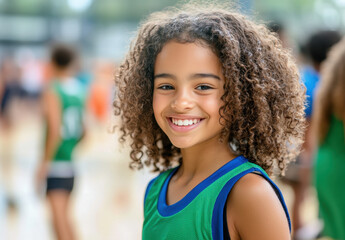 A young girl with curly hair dressed in a green sports jersey enjoys her time playing basketball with friends in a gymnasium