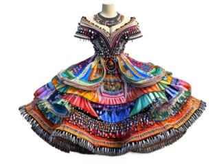 A vibrant dress with intricate beadwork and colorful patterns on a mannequin against Transparent Background