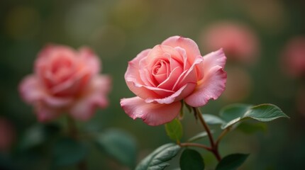 Close-up of a single pink rose blooming in a garden, surrounded by soft-focus green leaves and other roses in the background