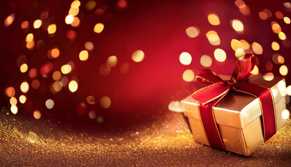 A beautifully wrapped Christmas gift with a golden ribbon, glowing lights, and a festive red background for a warm holiday mood.