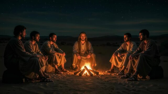 Jesus sitting with group of male disciples around campfire under starry night sky, spiritual gathering in desert, wearing ancient robes, peaceful conversation, warm light of fire illuminating faces