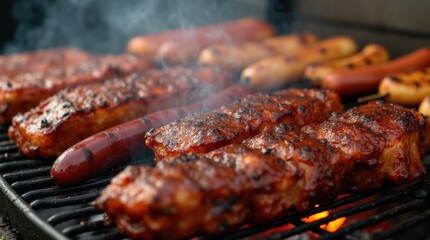 Close-up of assorted grilled meats, including ribs, sausages, and skewers, covered in a rich glaze