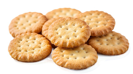 A stack of crackers with a white background. The crackers are golden brown and have a slightly crispy texture