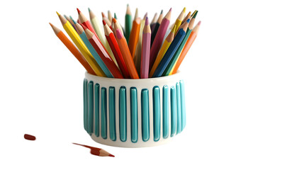 Fototapeta premium Colorful Pencils in Teal Ceramic Holder Art Supplies Creativity Drawing