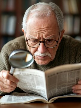Elderly man with magnifying glass struggling to read small text in a newspaper due to hyperopia