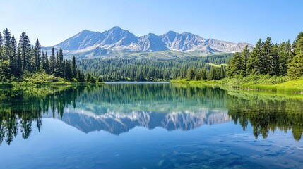 Naklejka premium Serene Mountain Lake with Crystal-Clear Water Reflecting Peaks and Trees, Creating a Peaceful Meditative Space for Relaxation