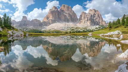 Naklejka premium Serene Mountain Lake with Crystal-Clear Water Reflecting Peaks and Trees, Creating a Peaceful Meditative Space for Relaxation