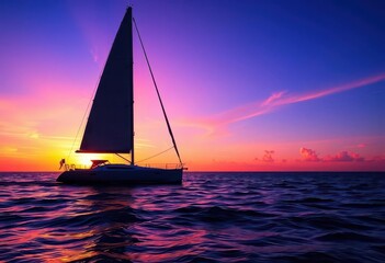 Fototapeta premium Sailboat silhouetted against vibrant sunrise, ocean vast, vessel, still