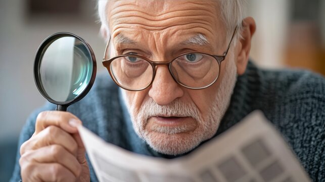 Elderly man with magnifying glass struggling to read small text in a newspaper due to hyperopia