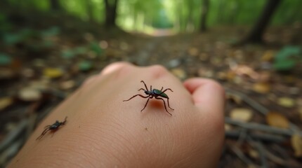 Wide shot of a tick on skin with a forest floor background, leaves and twigs scattered