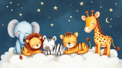 Fototapeta premium watercolor illustration of adorable safari animals—baby elephant, lion, zebra, tiger, and giraffe—peacefully sleeping on fluffy clouds under a starry night sky
