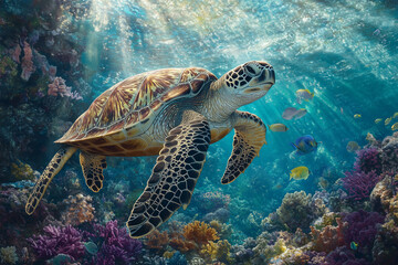 portrait of a large turtle in the water
