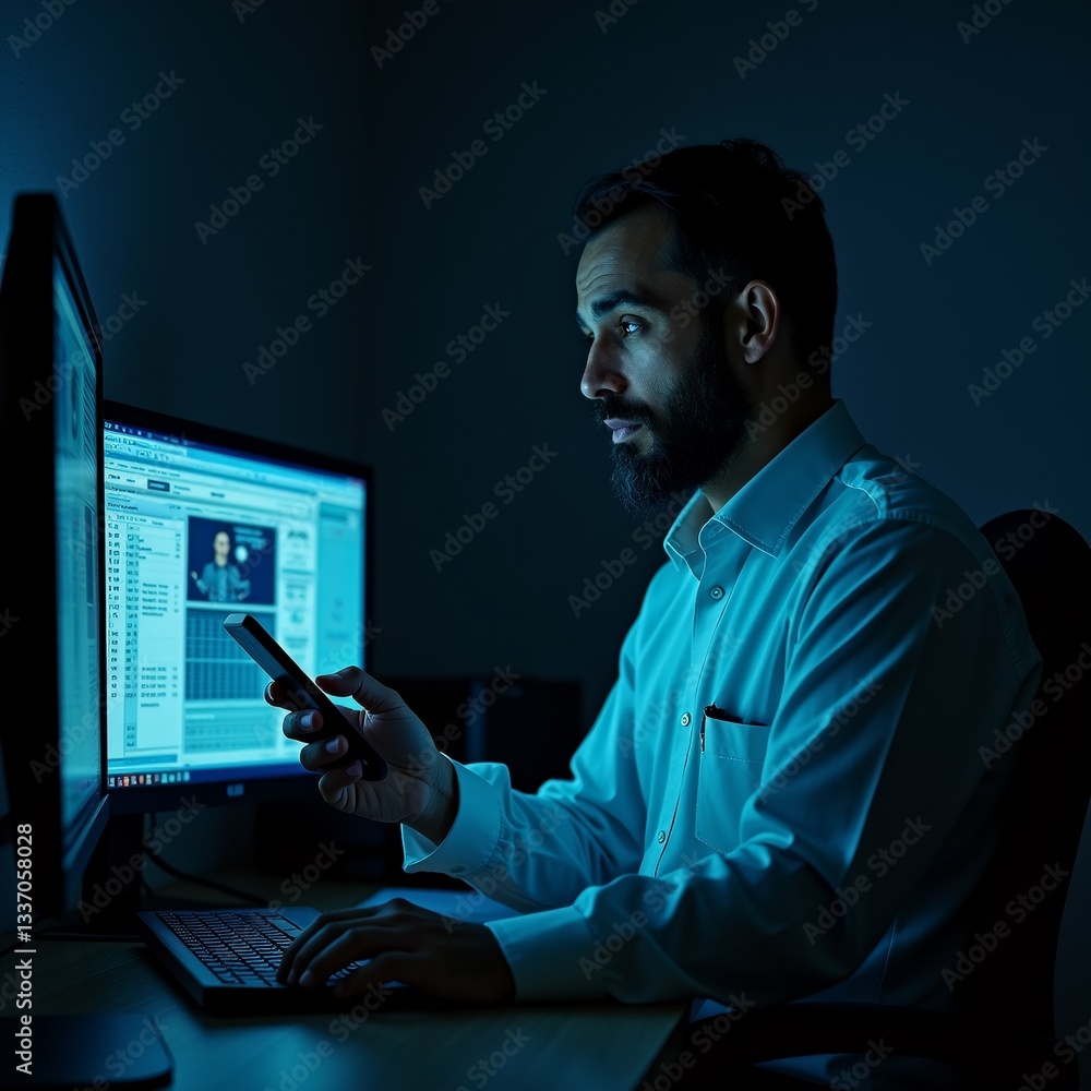 Poster man sitting desk front computer monitor wearing white shirt has beard man holding smartphone his han