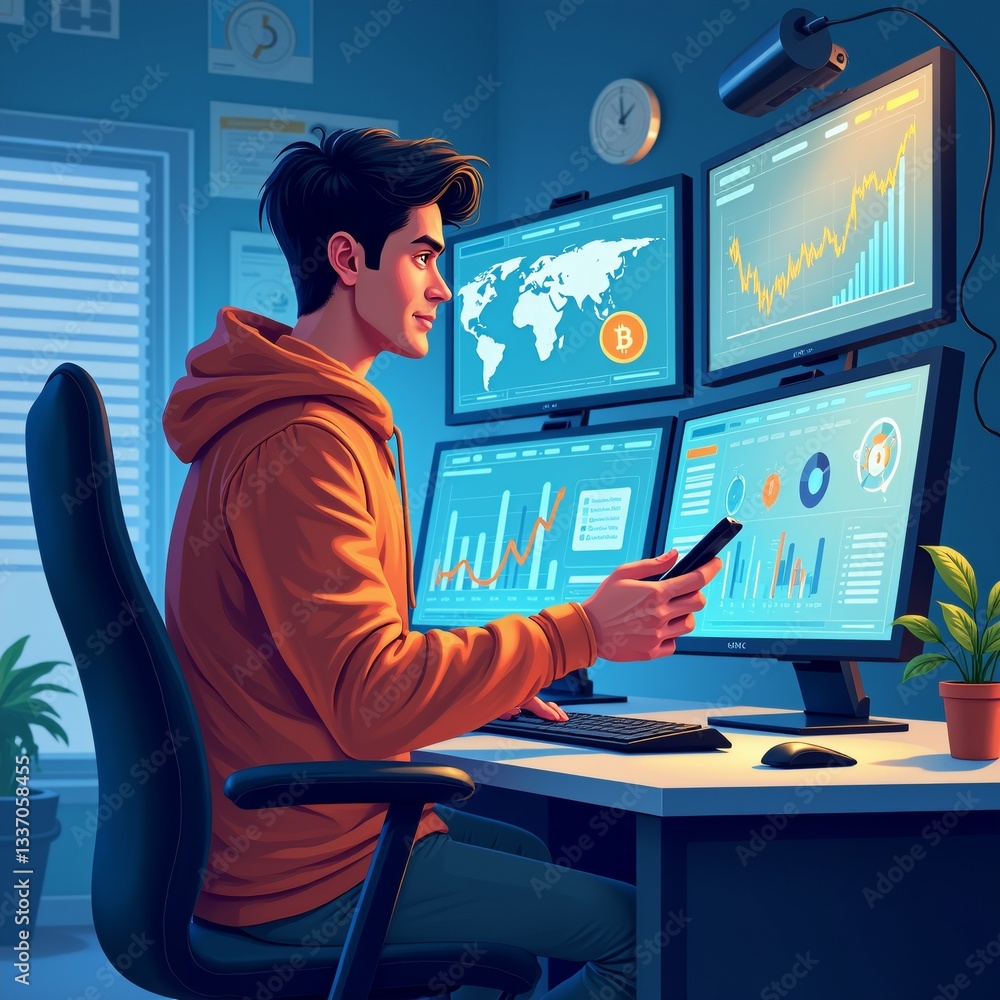 Poster young man sitting desk front three computer monitors wearing orange hoodie holding smartphone his ha