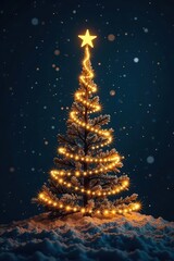 Abstract golden Christmas tree silhouette against dark night sky , tree shape, new year