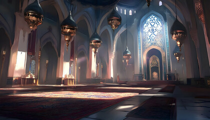 Fototapeta premium Majestic interior of a grand palace with intricate architecture, ornate chandeliers, and vibrant carpets