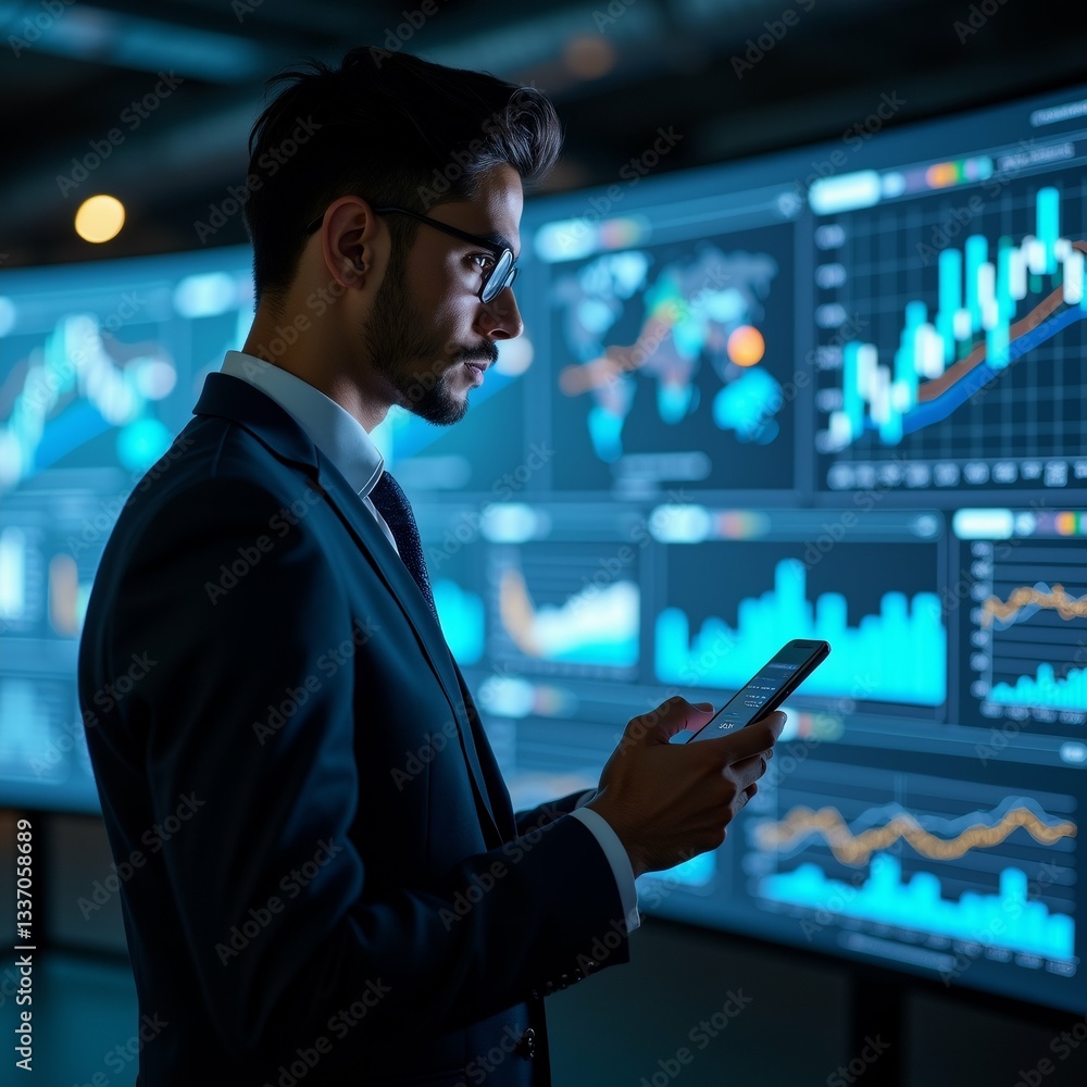Poster young man suit glasses standing front multiple large screens displaying graphs charts holding smartp