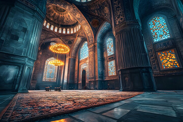 Obraz premium Majestic interior of a historic mosque showcasing intricate architecture, colorful stained glass, and ornate chandeliers