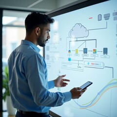 young man standing front large whiteboard flowchart wearing blue shirt holding smartphone his hand flowchart visual representation cloud computing system various icons representing different aspects