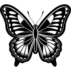 A black butterfly vector illustration displays the insect's delicate wings in flight, a silhouette of nature's beauty