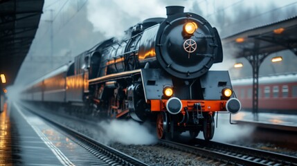 Obraz premium Vintage steam train departing from rainy station at dusk