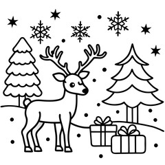 Cute cartoon reindeer and Santa deliver gifts through a snowy winter landscape on a festive Christmas card