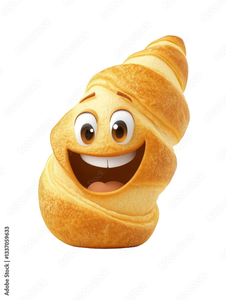 Poster Smiling cartoon croissant character with a golden brown color and friendly expression isolated on transparent background