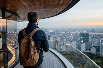 Obraz premium Urban exploration by young caucasian male with backpack overlooking cityscape