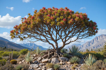 Naklejka premium Vibrant Curio Radicans Tree in Rocky Terrain with Succulents, Mountain Backdrop, and a Clear Sky with Soft Clouds