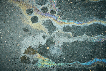 Colorful Oil Slick Forms Patterns on Wet Asphalt After Rainfall in an Urban Setting