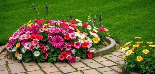 Naklejka premium Charming English cottage garden blooms spilling onto brown paving stones, lush green lawn backdrop, pretty, backyard
