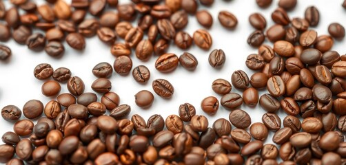 Fototapeta premium Close-up of assorted coffee beans, various types and roasts isolated on white background, selection, different