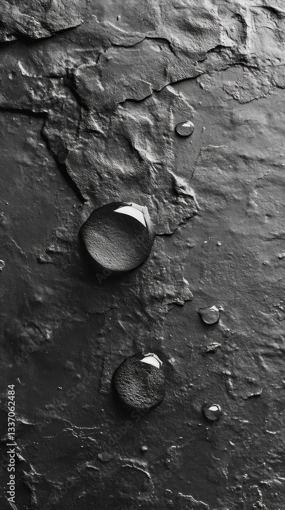 Poster glistening water droplets cling to a rugged gray surface, their shapes reflecting light in a captiva