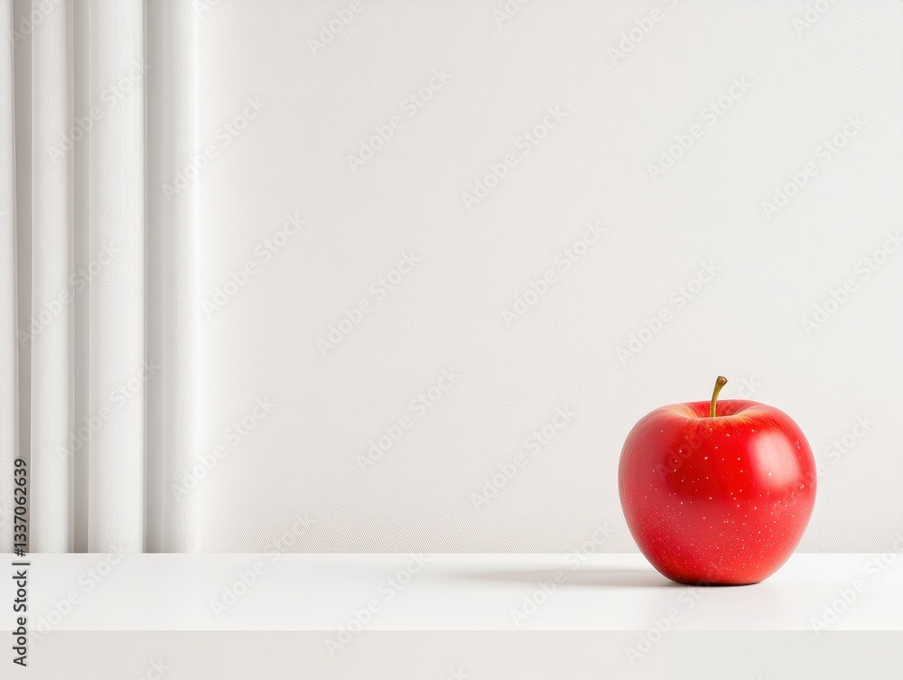 Poster fresh red apple on a minimalist white shelf with soft light and shadows