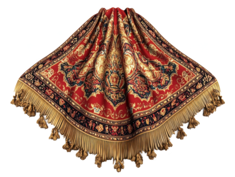 Ornate red and gold patterned fabric with tassels draped against a Transparent Background