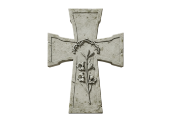 stone cross with crown of thorns symbol and lilies