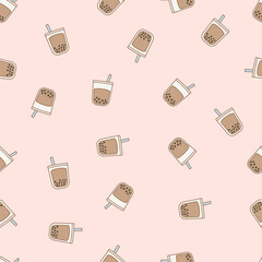 Boba tea or bubble milk tea cup seamless pattern vector. Sweet brown sugar bubble milk tea dessert in glasses for wrapping, textile, card, stationary, and phone cases.