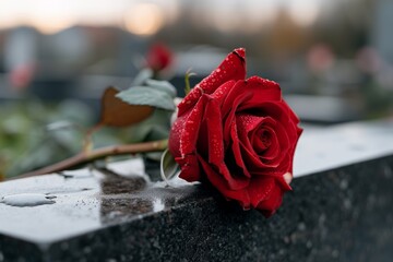 Red rose with dew on marble in serene outdoor setting