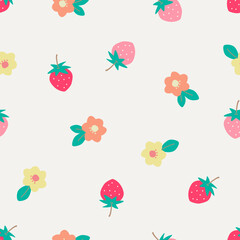 Cute colorful strawberry and flower seamless vector pattern. Doodle fruit and flora vector for wallpaper, textile, fashion, background, stationary, wrapping, card, and phone cases.