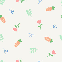 Cute mix carrot, leave and flower pattern seamless for vegetable background. Carrot and plant vector easter for wallpaper, clothing, wrapping, fabric, stationary, and phone cases.